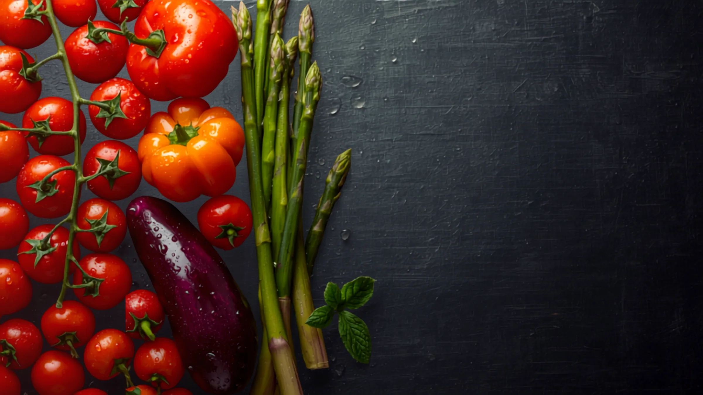 Terveellisen ruokavalion kasviksia: tomaatteja, paprika ja parsaa.