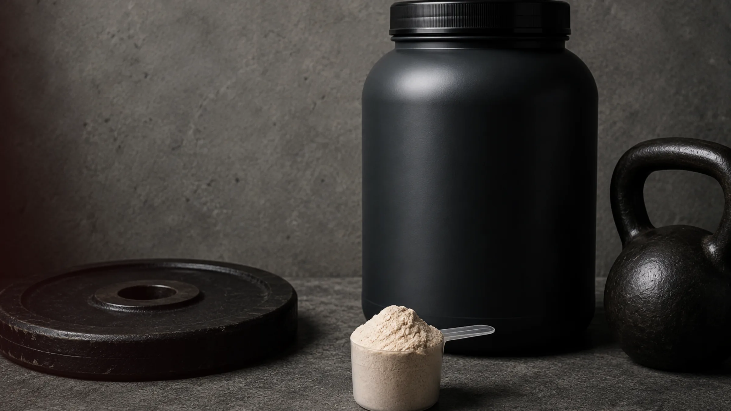 Musta proteiinijauhepurkki betonipöydällä, edessä täysi mittalusikka vaaleaa heraproteiinijauhetta ja vieressä levypaino ja kahvakuula.
