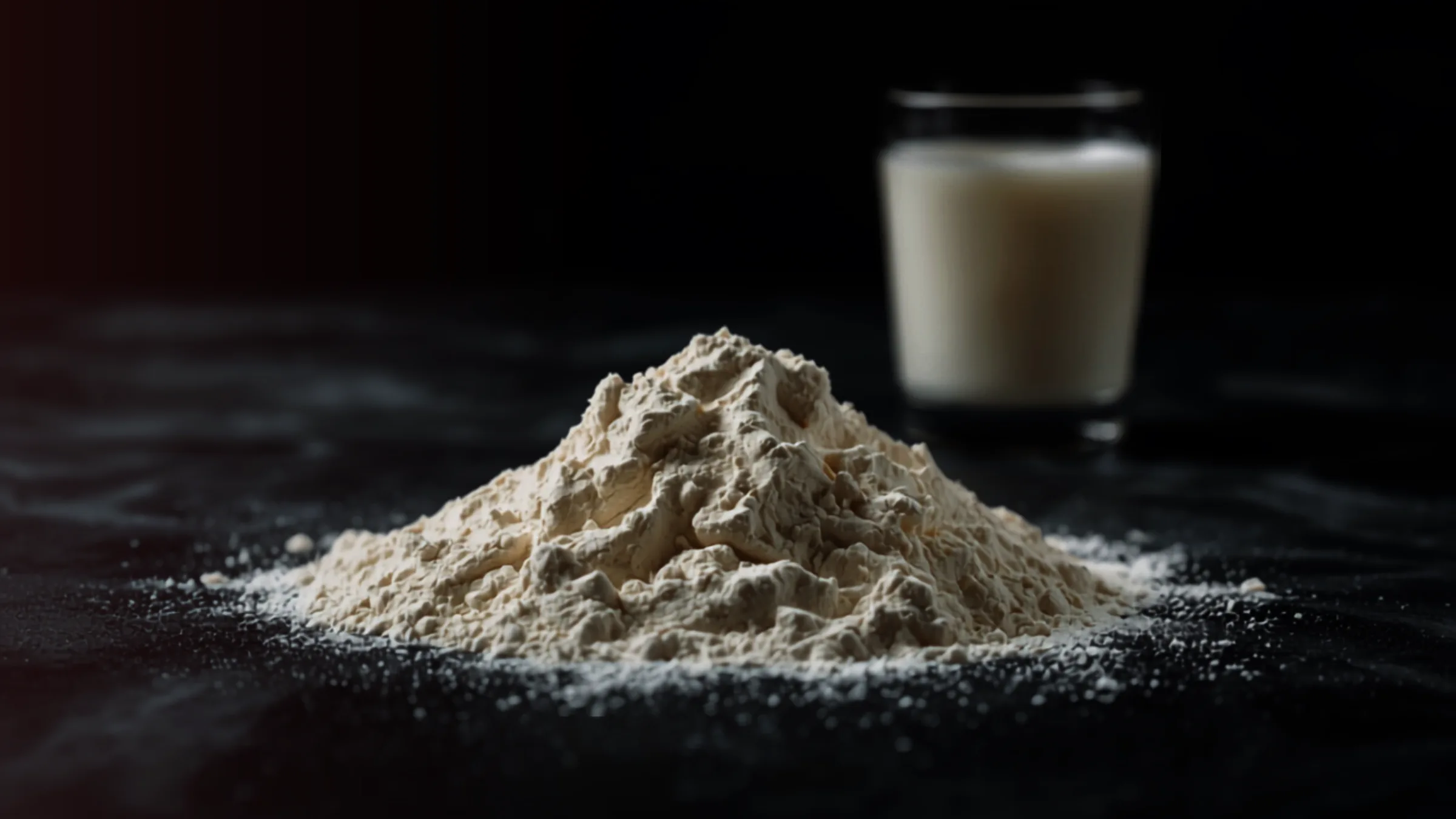 Vaaleaa heraproteiinijauhetta ja maitolasi, kuvituskuva Whey-80:stä.